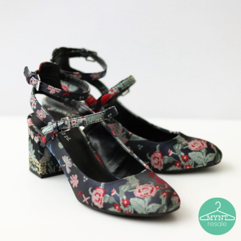 Indigo Rd. Navy Embroidered Floral Block Heels